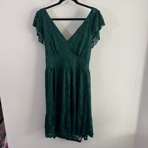 MEROKEETY V Neck Sleeve Dress Floral Lace Tie Back A Line Dresses dark green XL